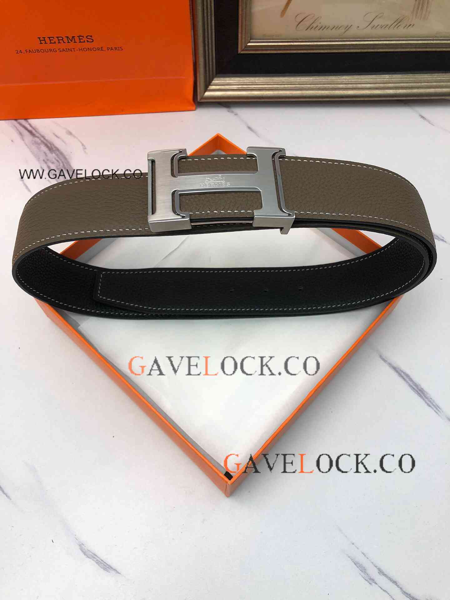 Clone Hermes Gray-Black Reversible Leather Belt Silver Buckle 38 mm